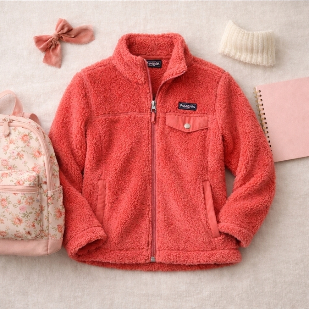 Patagonia Girls Re-Tool Full Zip Fleece Jacket 10 Coral Snap Pocket Retired